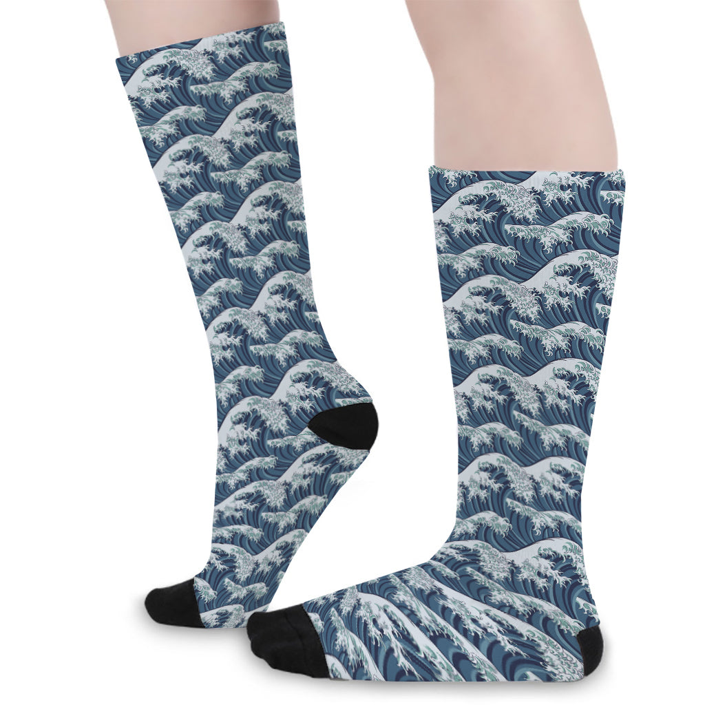The Great Kanagawa Wave Pattern Print Long Socks