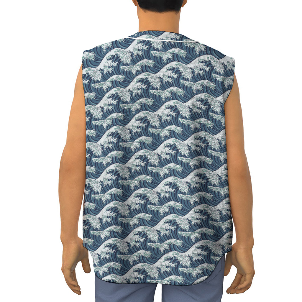 The Great Kanagawa Wave Pattern Print Sleeveless Baseball Jersey