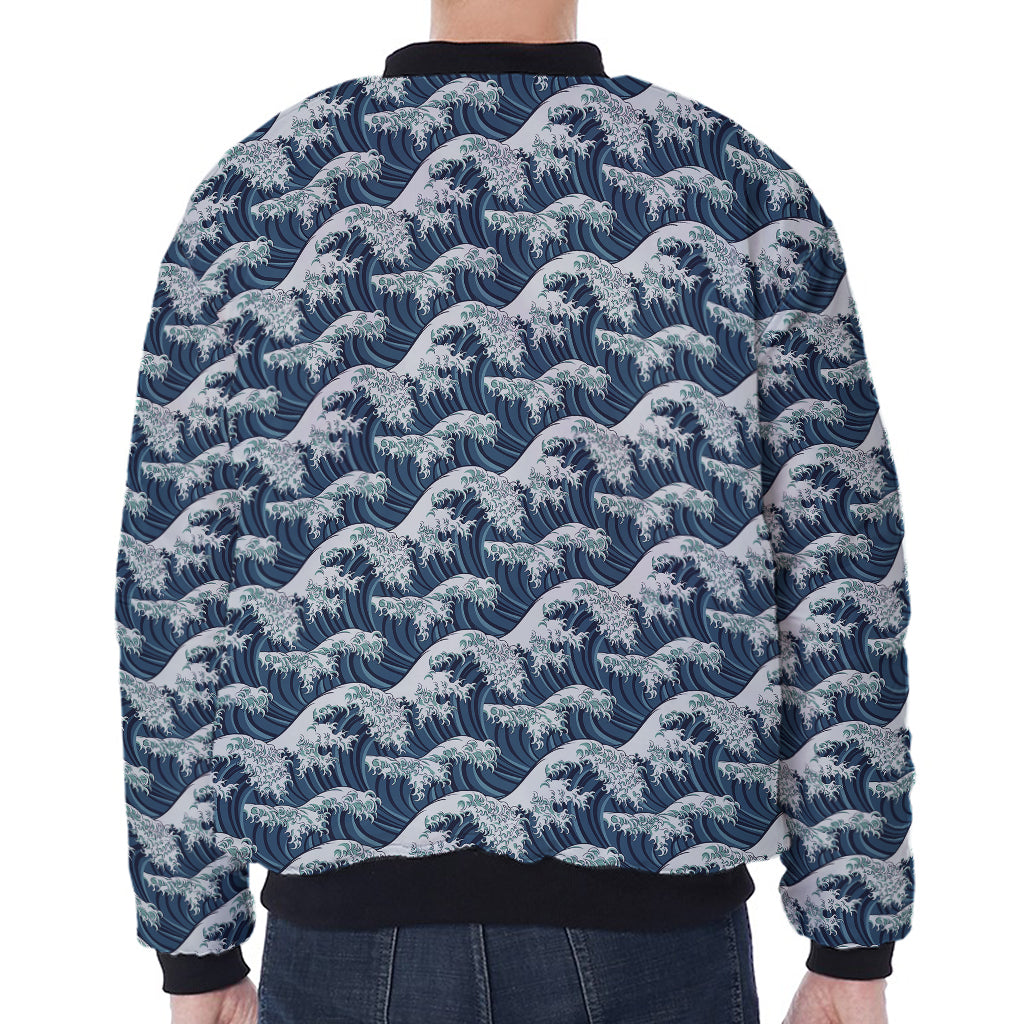 The Great Kanagawa Wave Pattern Print Zip Sleeve Bomber Jacket