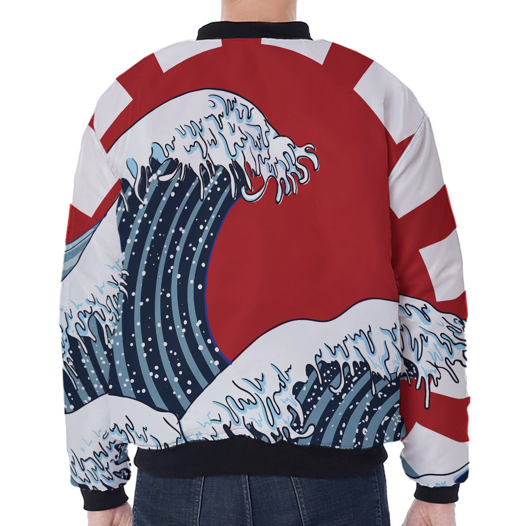 The Great Kanagawa Wave Print Zip Sleeve Bomber Jacket