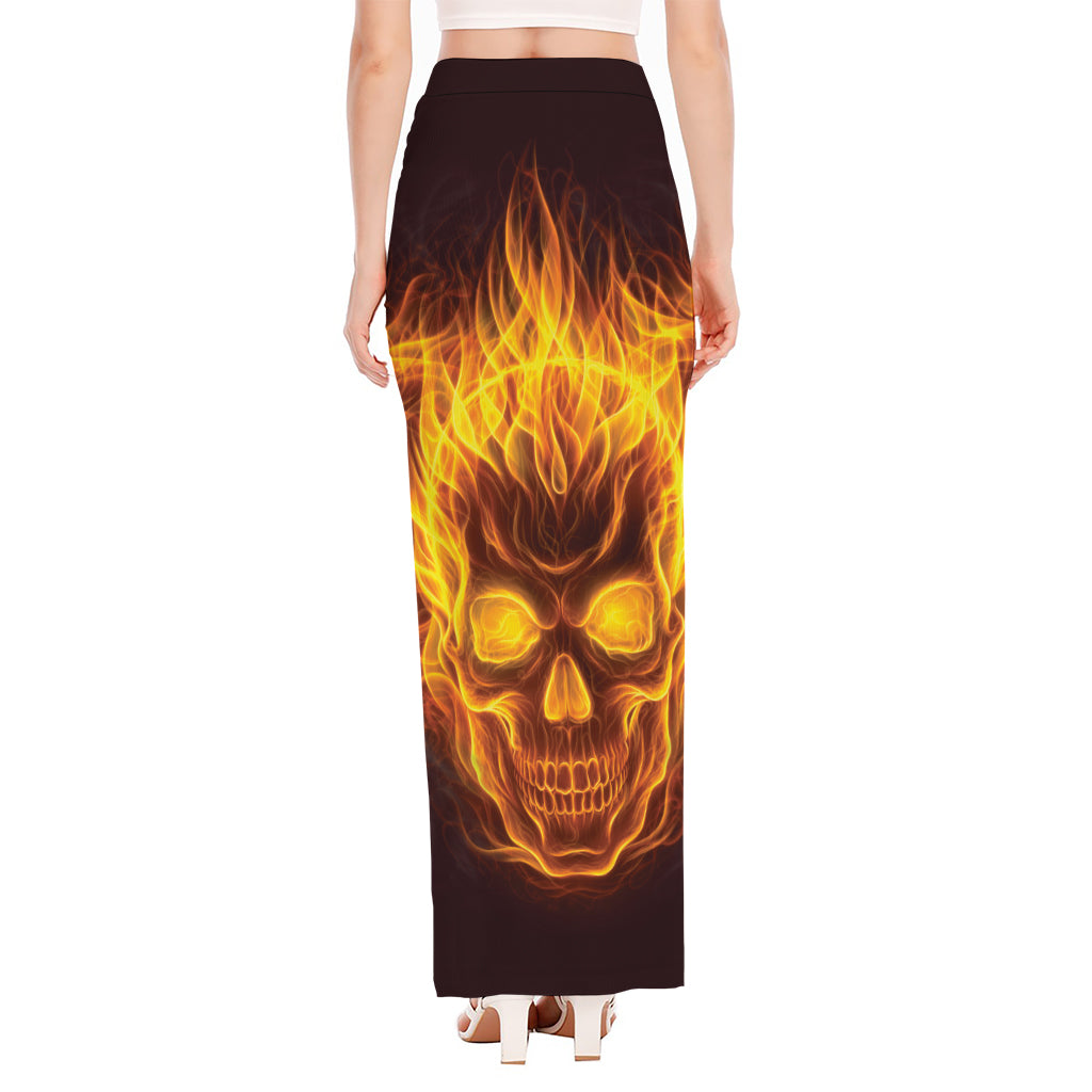 Three Flaming Skull Print High Slit Maxi Skirt