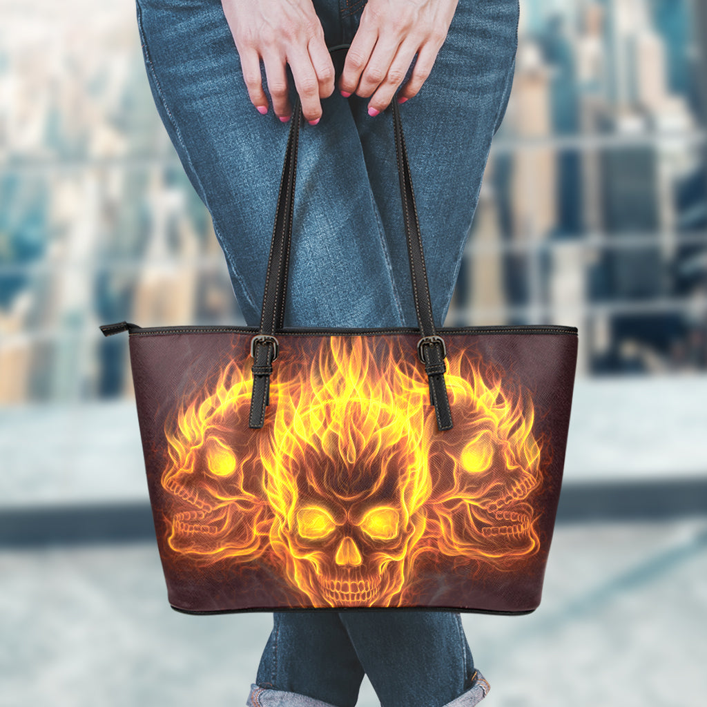 Three Flaming Skull Print Leather Tote Bag