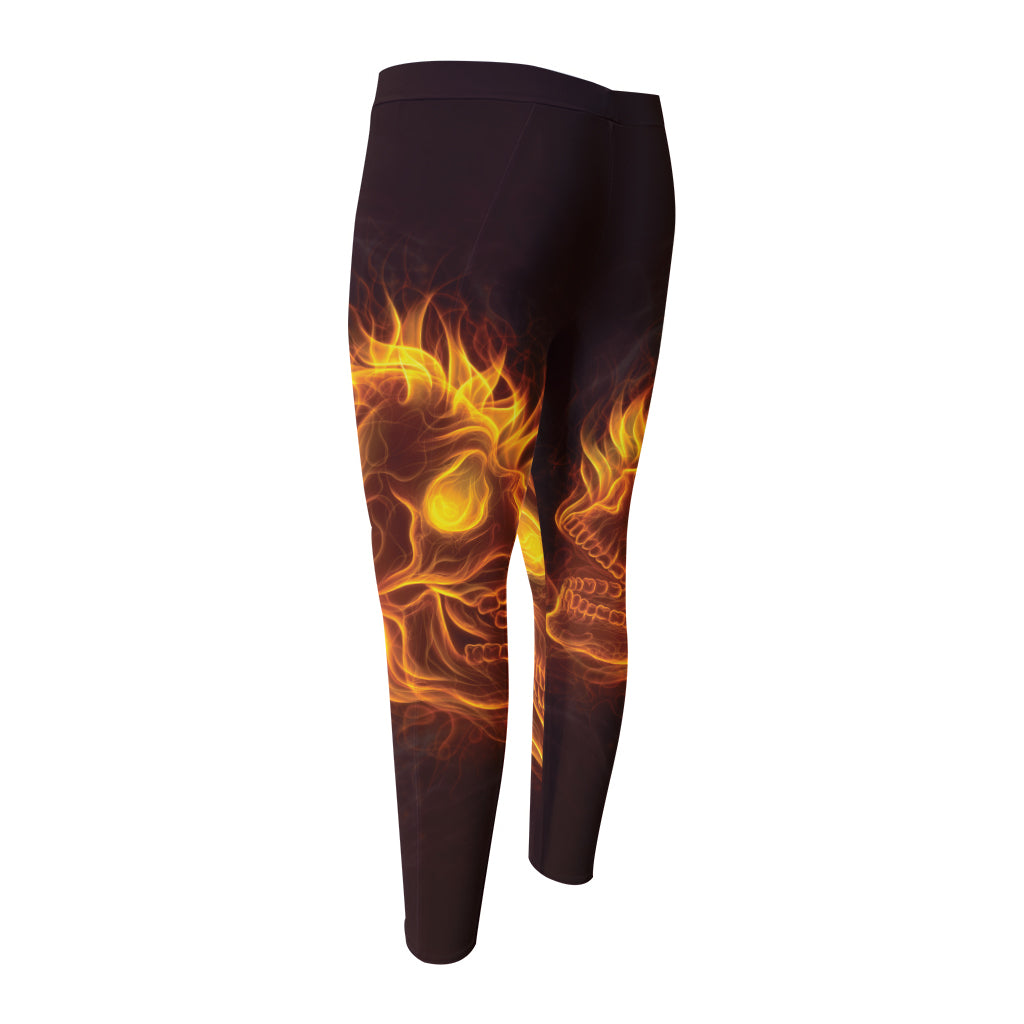 Three Flaming Skull Print Men's Compression Pants