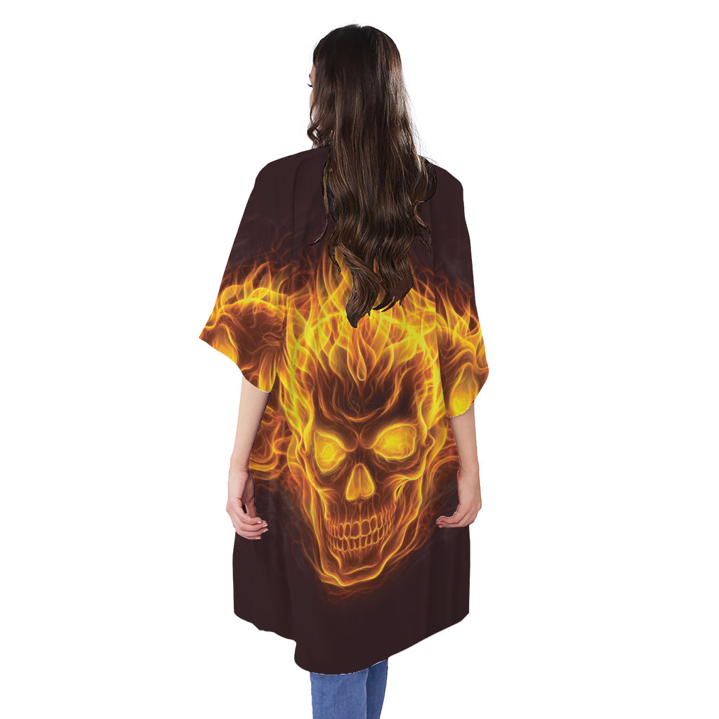 Three Flaming Skull Print Open Front Beach Cover Up