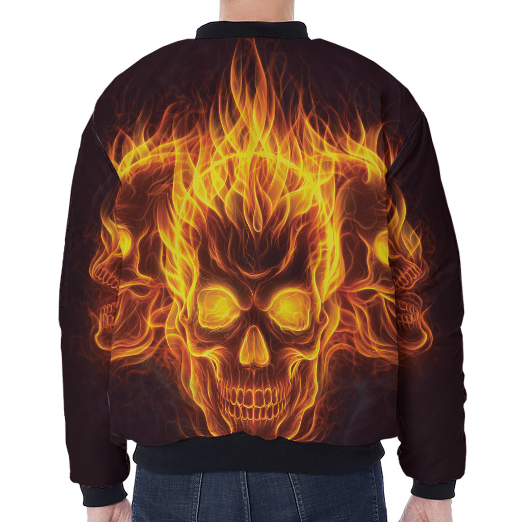 Three Flaming Skull Print Zip Sleeve Bomber Jacket