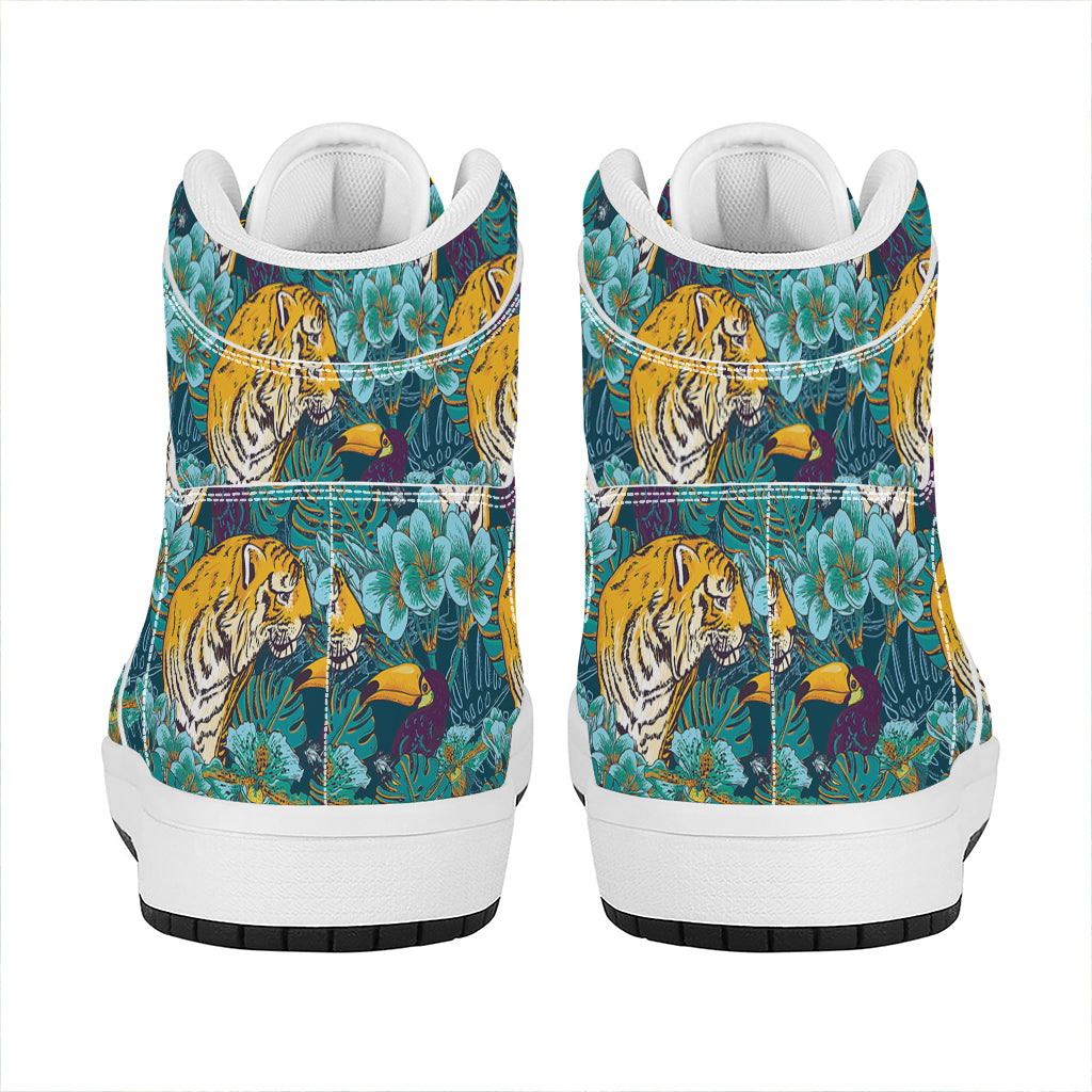 Tiger And Toucan Pattern Print High Top Leather Sneakers