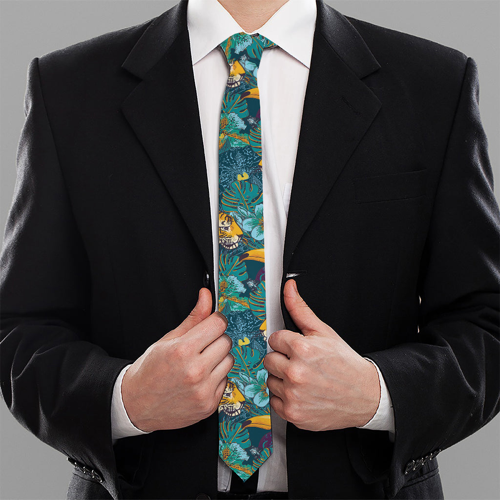 Tiger And Toucan Pattern Print Necktie