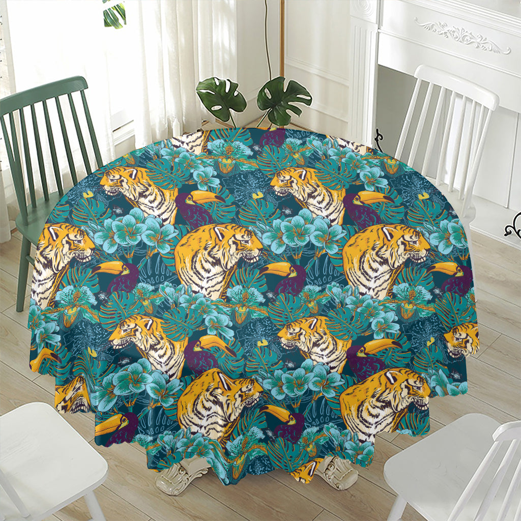 Tiger And Toucan Pattern Print Waterproof Round Tablecloth
