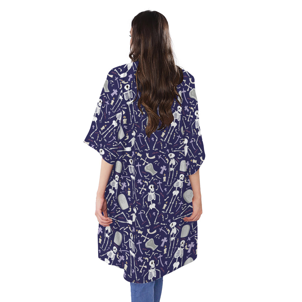 Tomb And Skeleton Pattern Print Open Front Beach Cover Up
