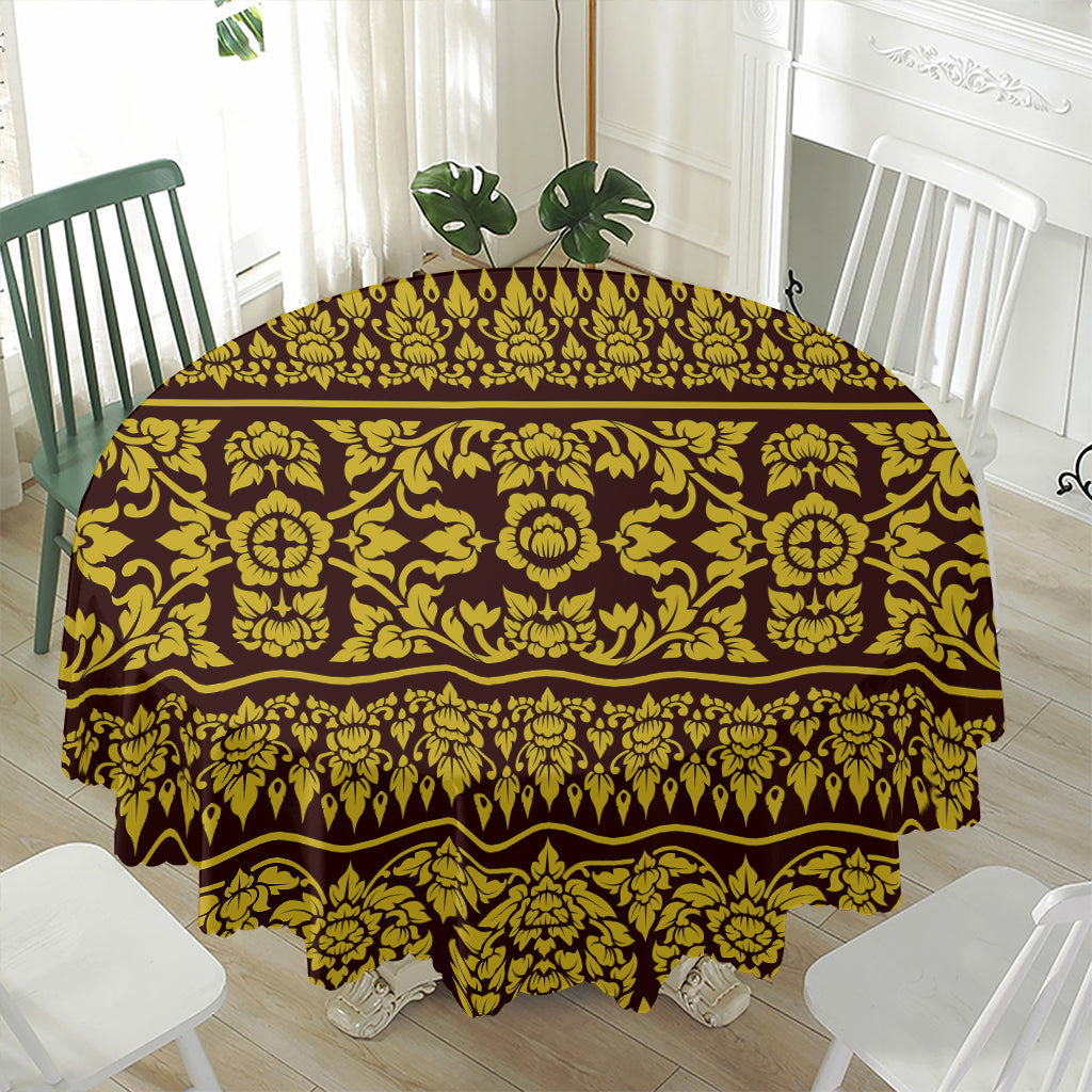Traditional Thai Flower Pattern Print Waterproof Round Tablecloth