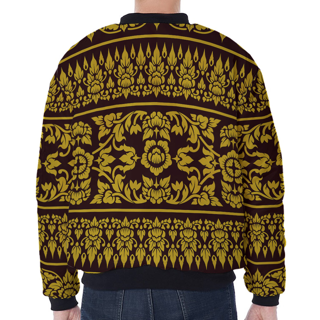 Traditional Thai Flower Pattern Print Zip Sleeve Bomber Jacket