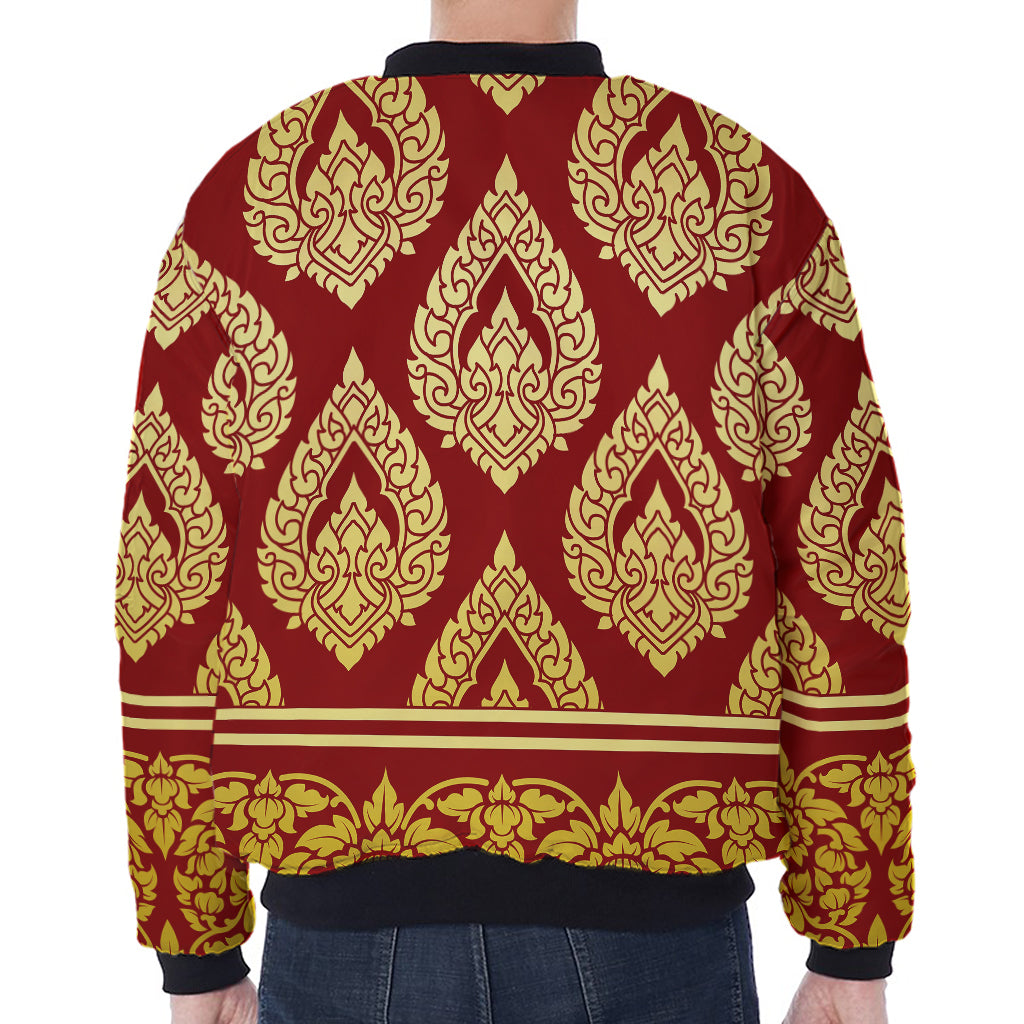 Traditional Thai Pattern Print Zip Sleeve Bomber Jacket