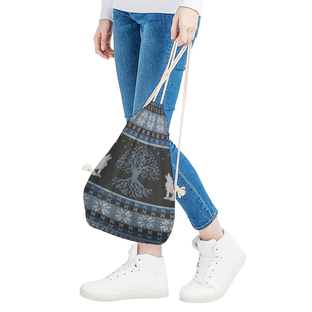 Tree Of Life And Howling Wolves Print Drawstring Bag