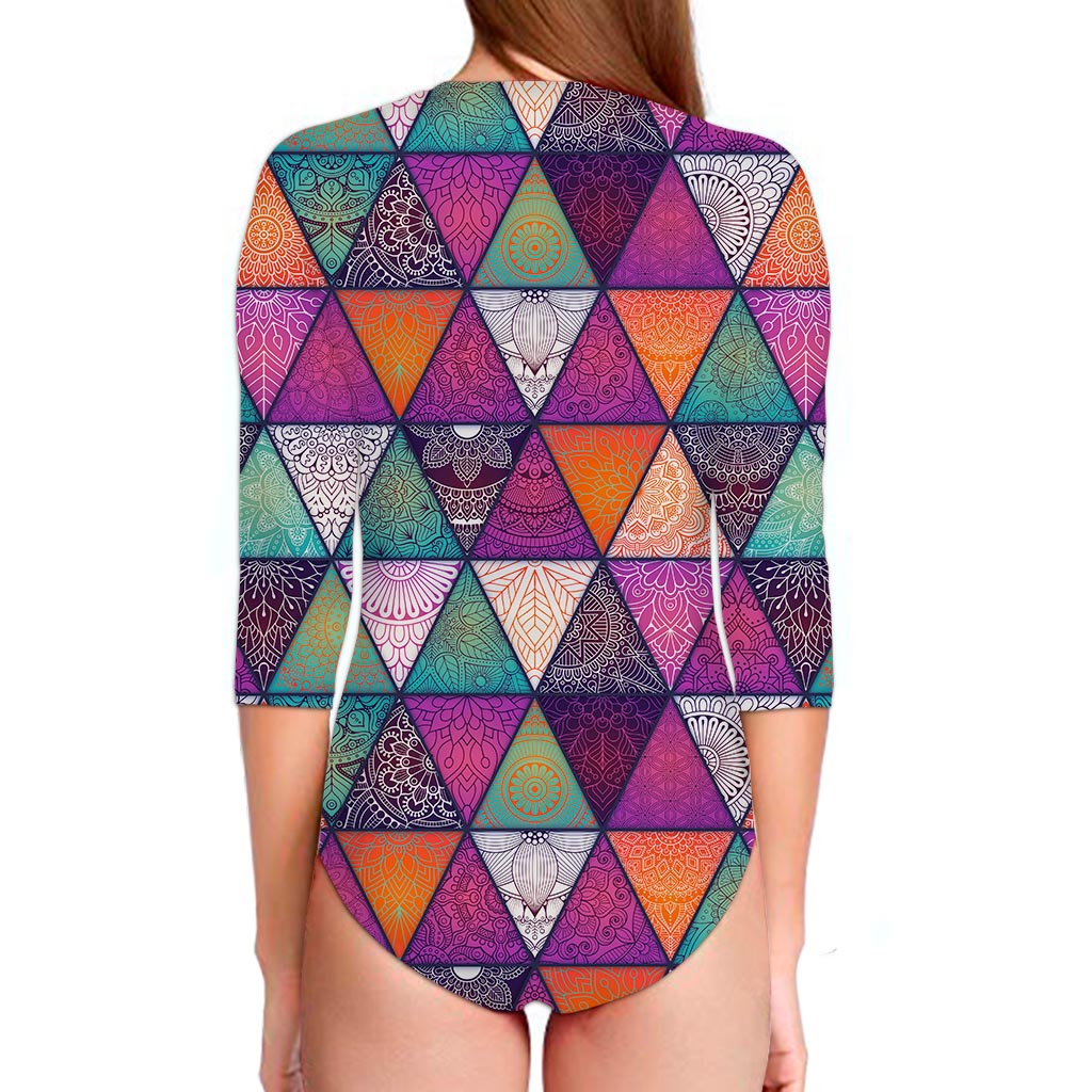 Triangle Bohemian Mandala Pattern Print Long Sleeve Swimsuit