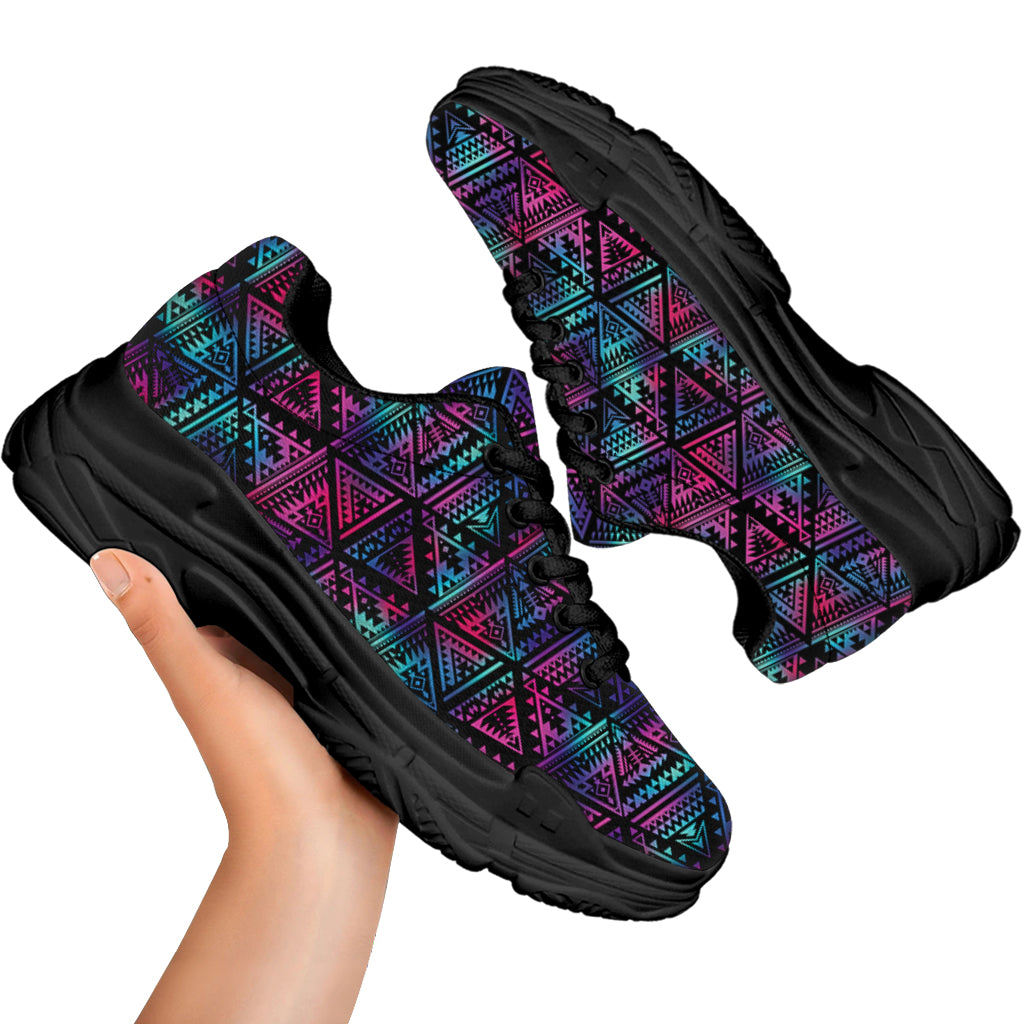 Triangle Ethnic Navajo Pattern Print Black Chunky Shoes