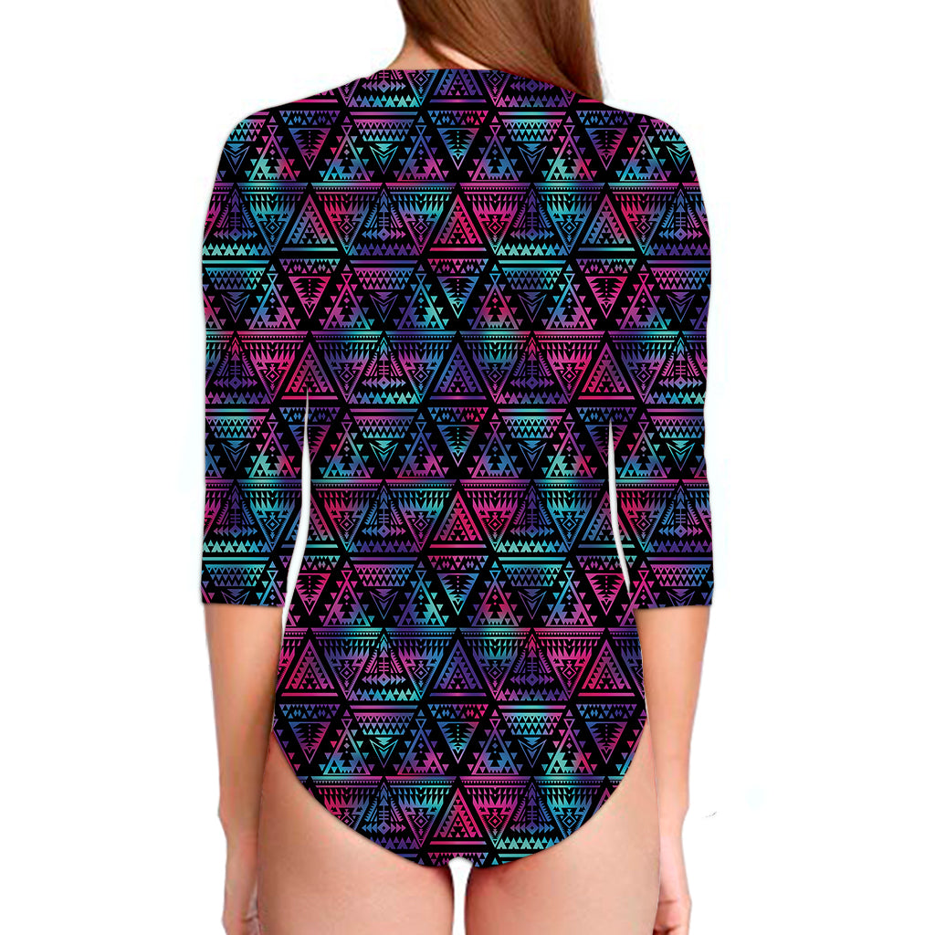 Triangle Ethnic Navajo Pattern Print Long Sleeve Swimsuit