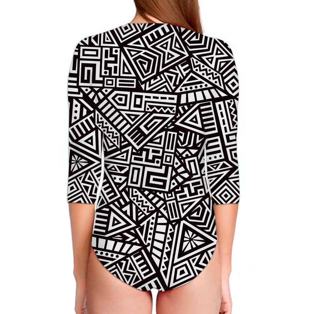 Tribal Aztec Geometric Pattern Print Long Sleeve Swimsuit