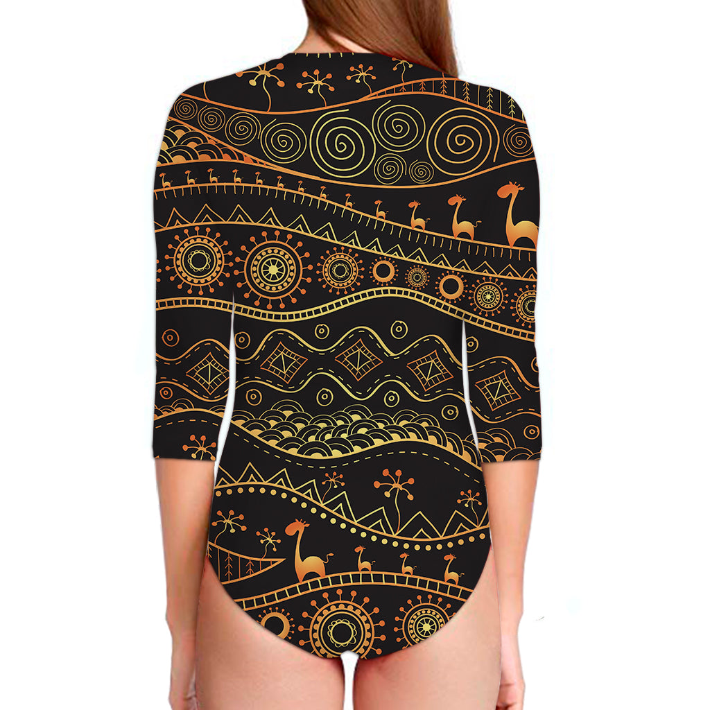 Tribal Ethnic African Pattern Print Long Sleeve Swimsuit