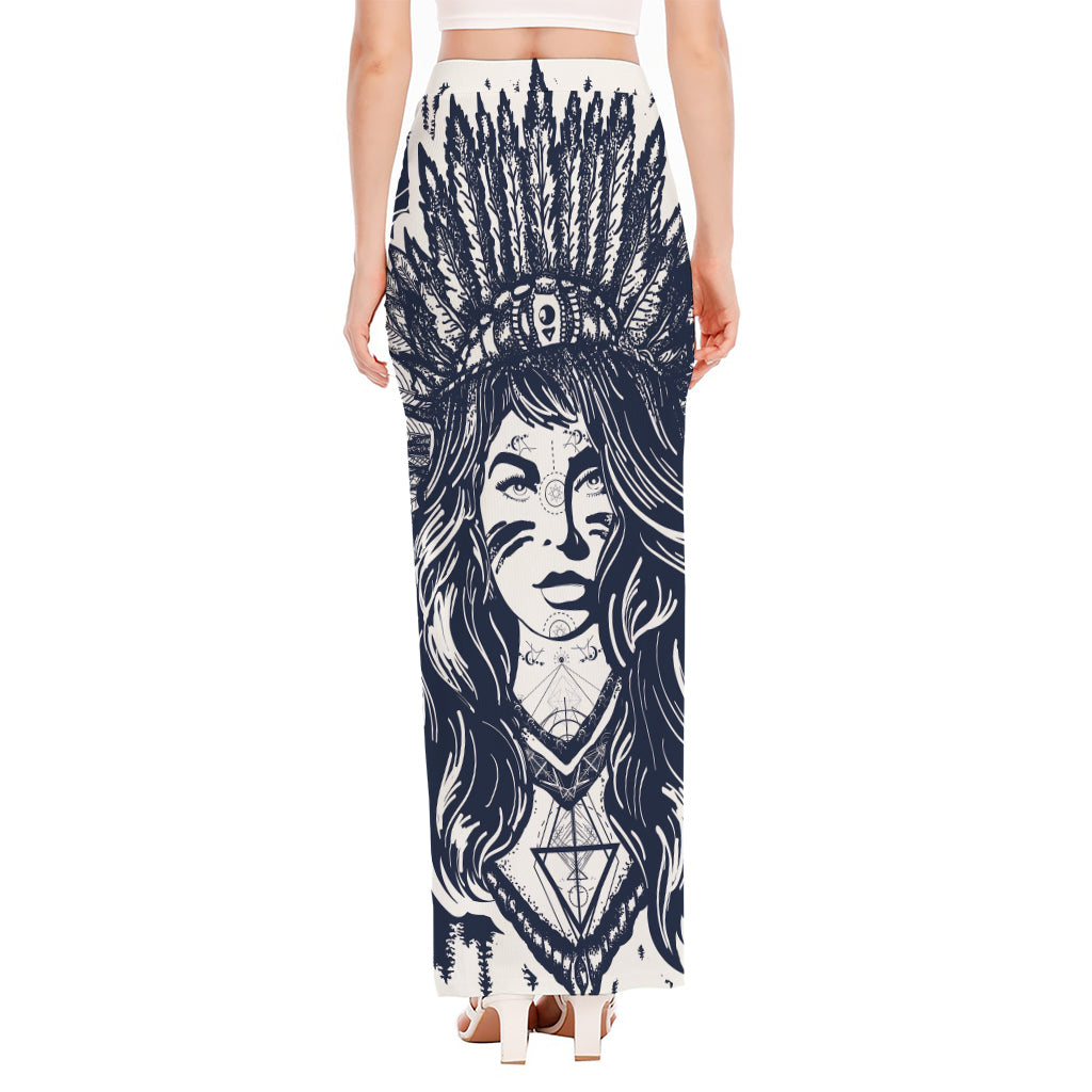 Tribal Native Indian Girl Print High Slit Maxi Skirt