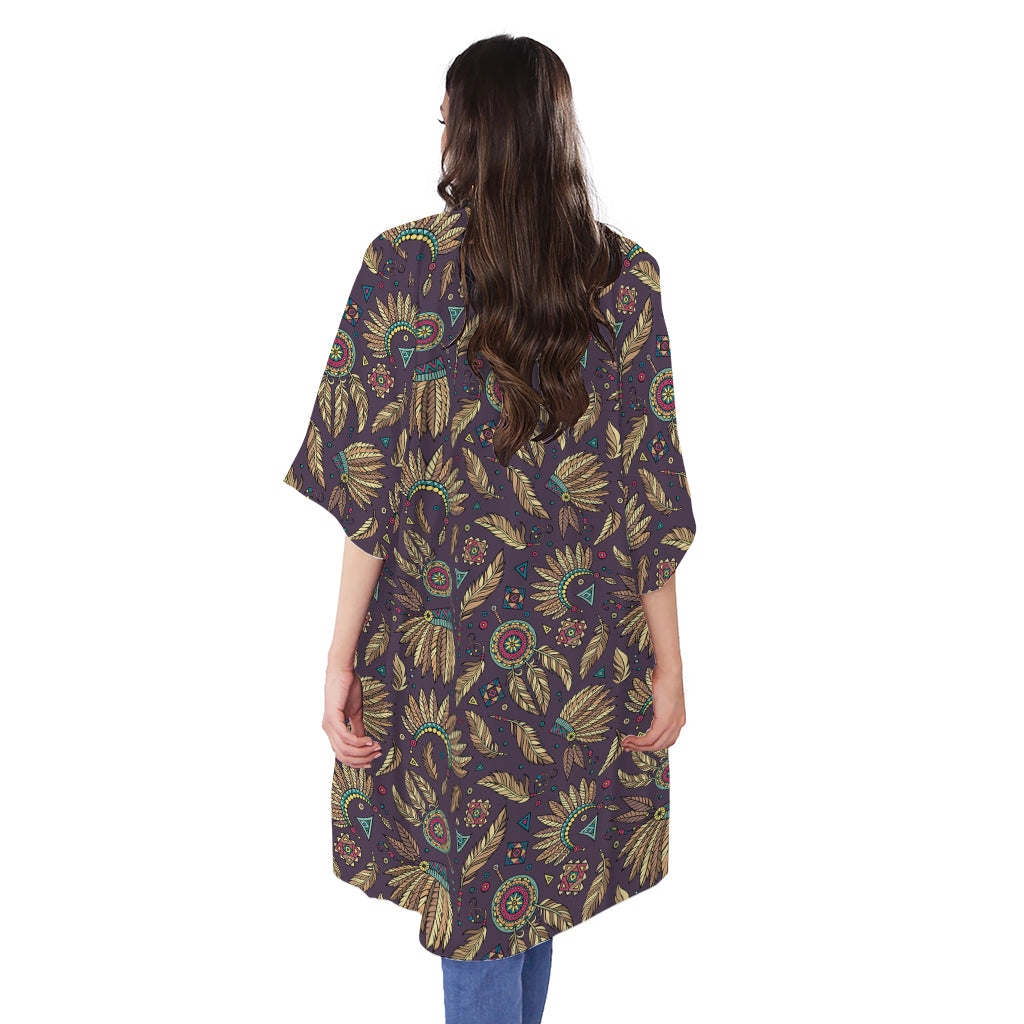 Tribal Native Indian Pattern Print Open Front Beach Cover Up