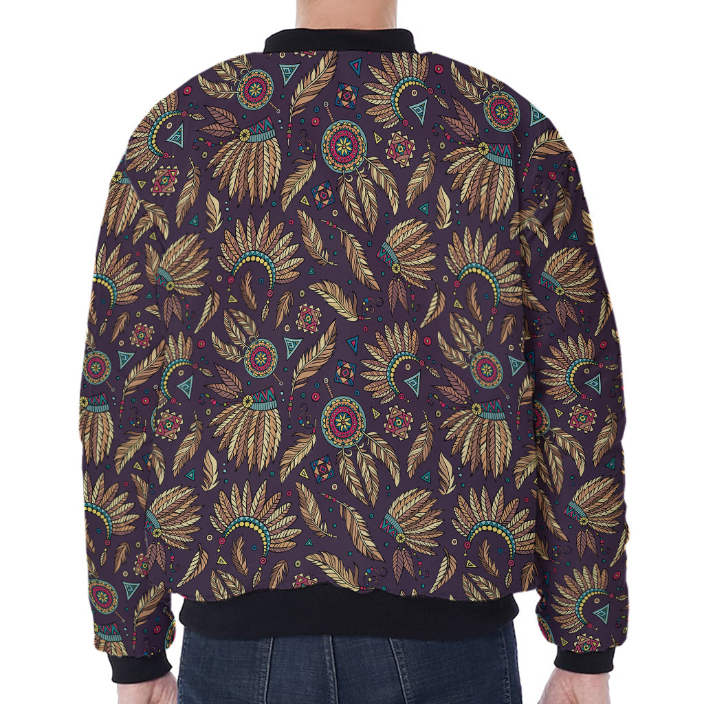 Tribal Native Indian Pattern Print Zip Sleeve Bomber Jacket