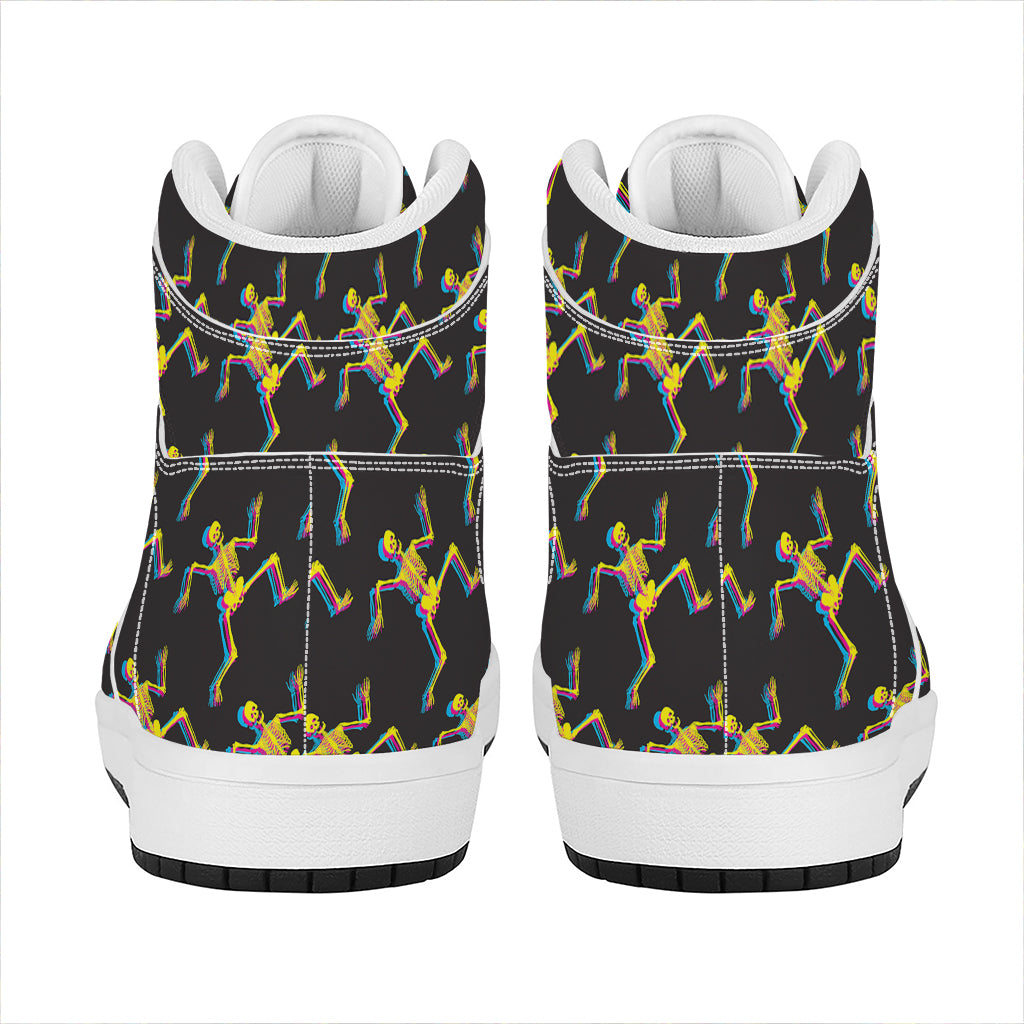 Trippy Dancing Skeleton Pattern Print High Top Leather Sneakers