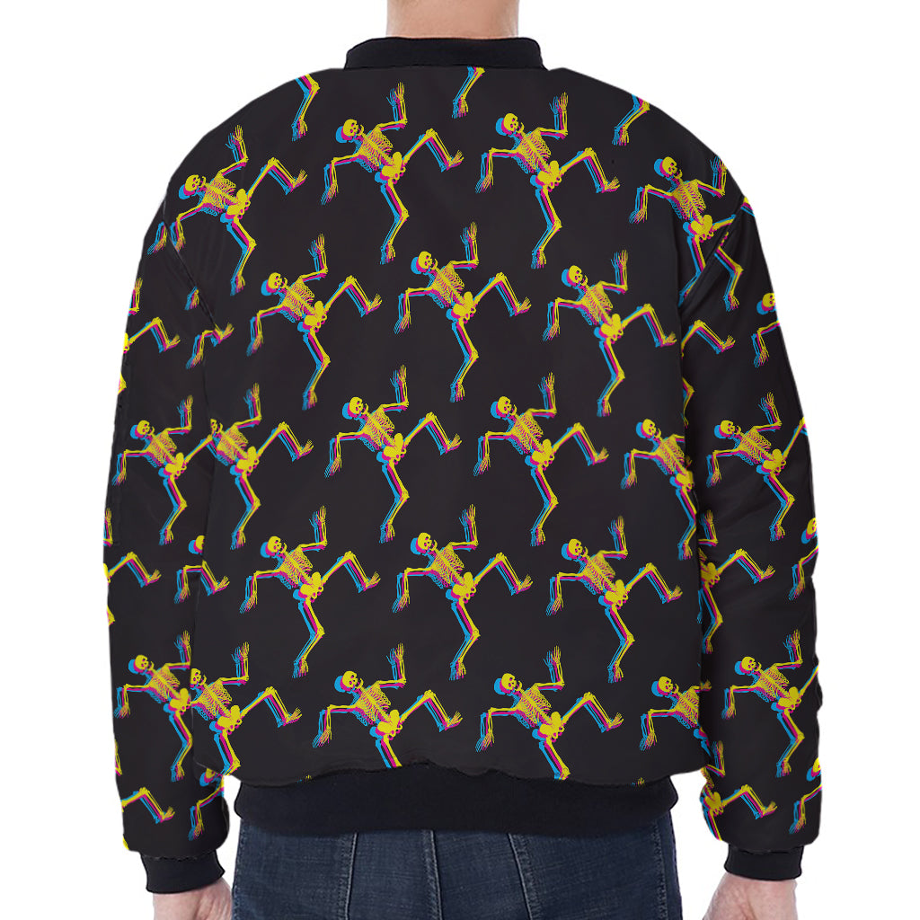 Trippy Dancing Skeleton Pattern Print Zip Sleeve Bomber Jacket