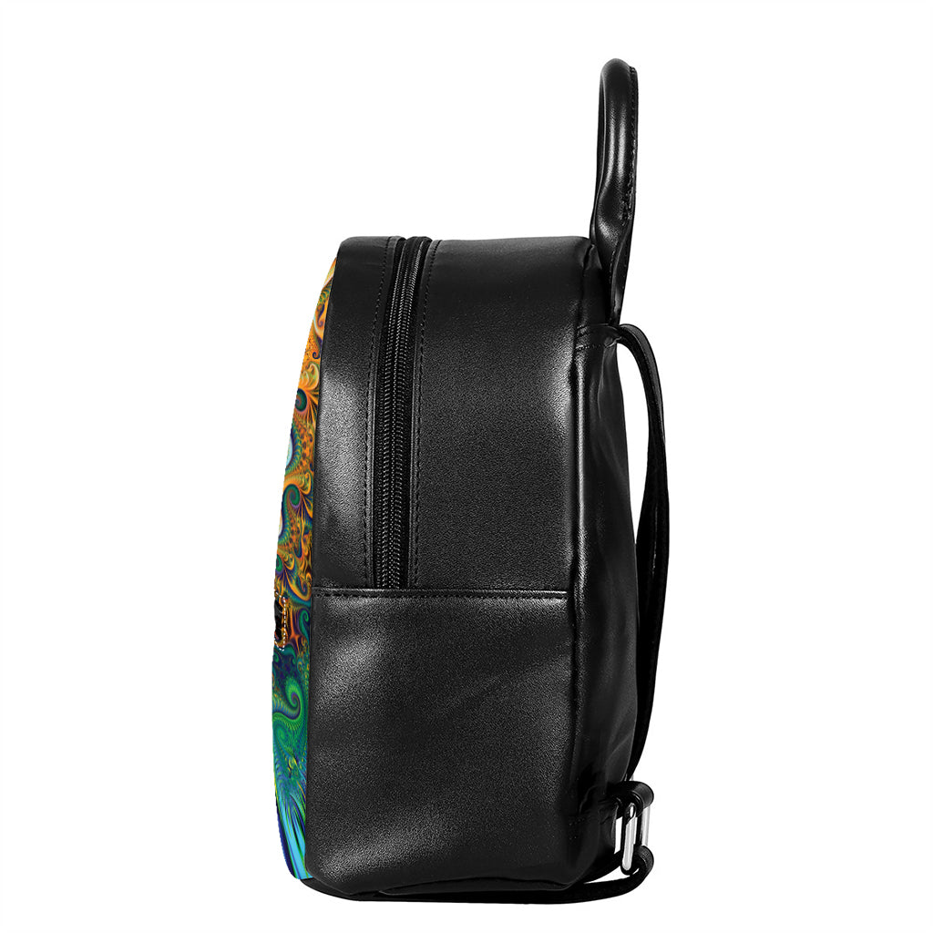 Trippy Fractal Print Leather Backpack