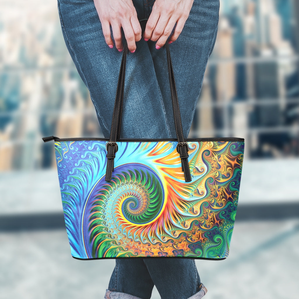 Trippy Fractal Print Leather Tote Bag
