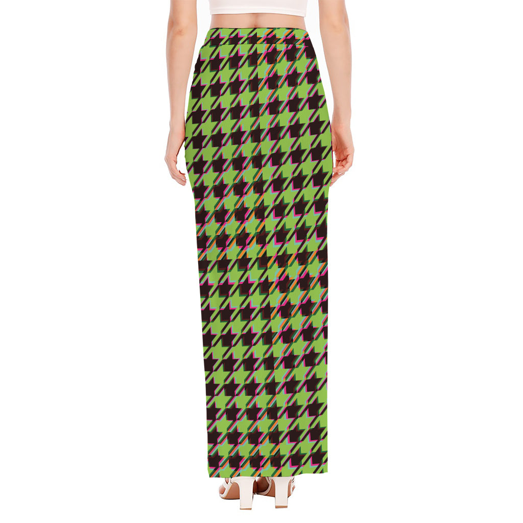 Trippy green Houndstooth Pattern Print High Slit Maxi Skirt