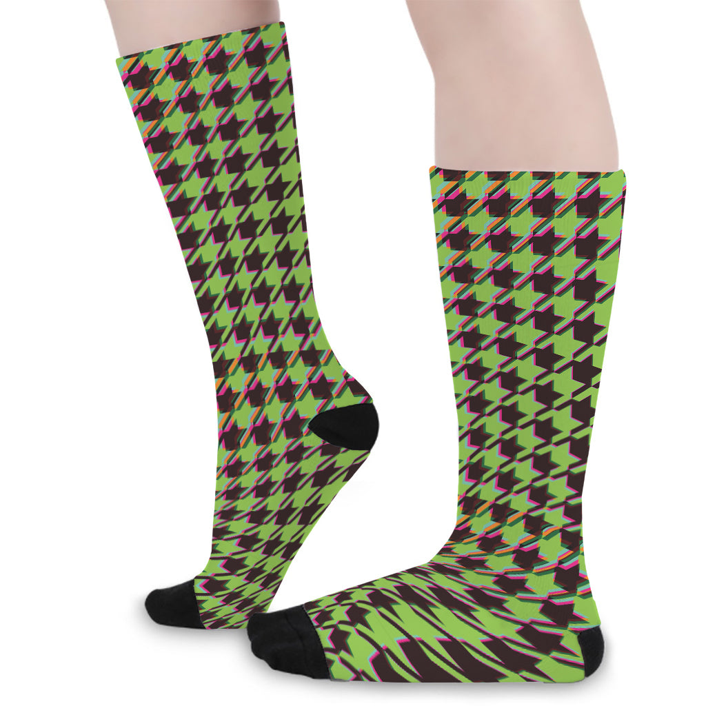 Trippy green Houndstooth Pattern Print Long Socks