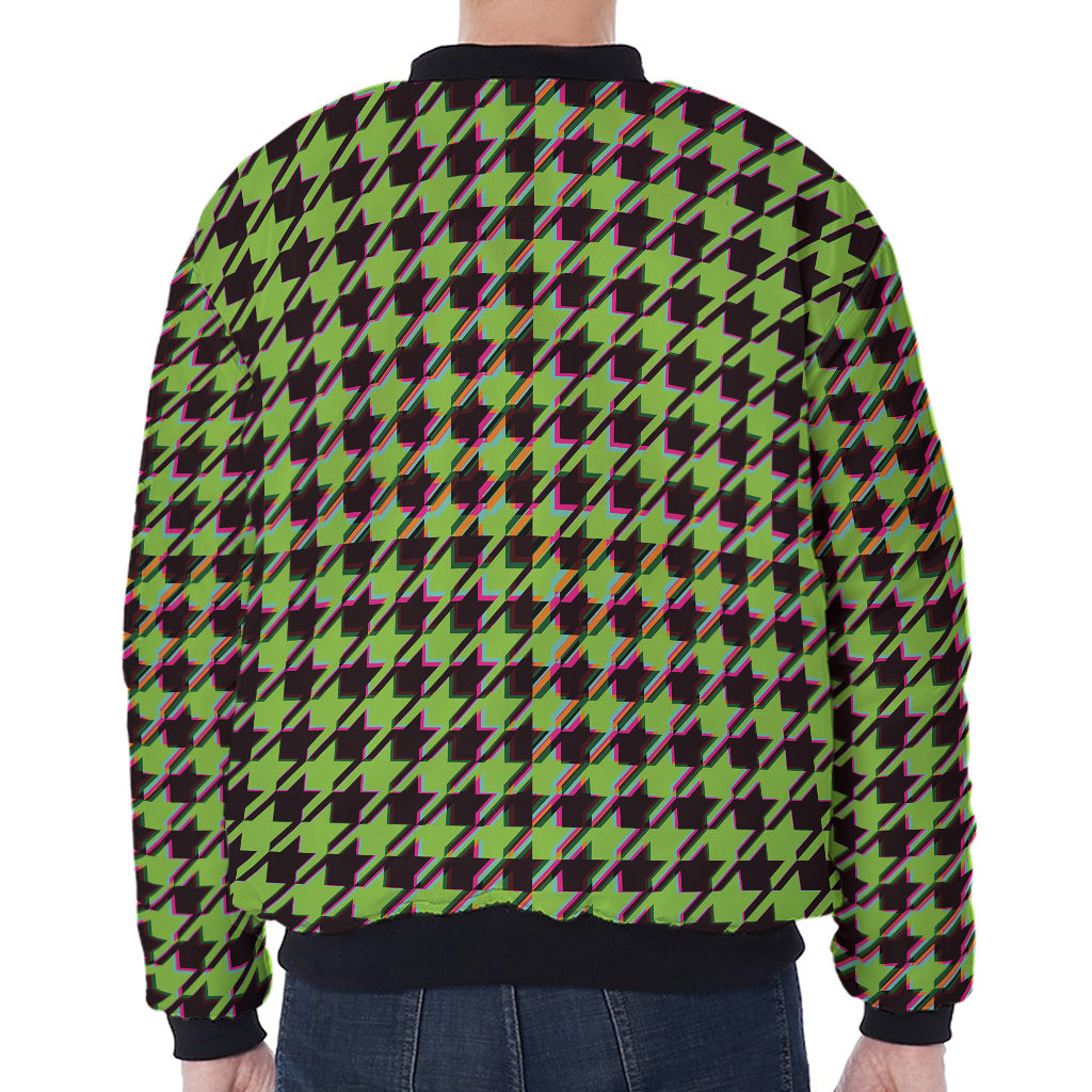 Trippy green Houndstooth Pattern Print Zip Sleeve Bomber Jacket