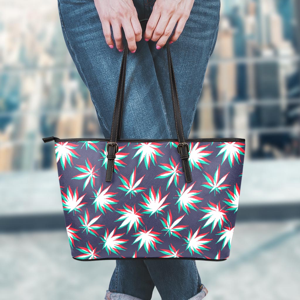 Trippy Hemp Leaves Reggae Pattern Print Leather Tote Bag