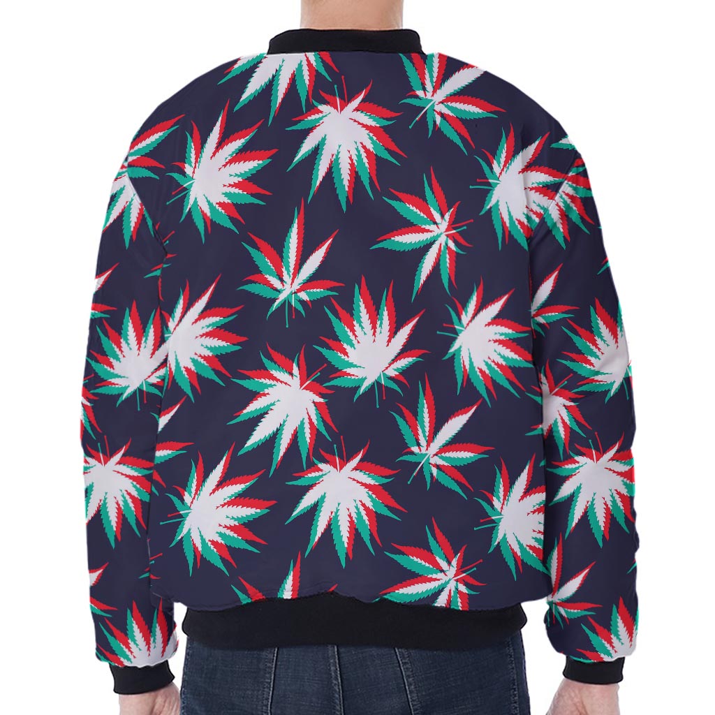 Trippy Hemp Leaves Reggae Pattern Print Zip Sleeve Bomber Jacket