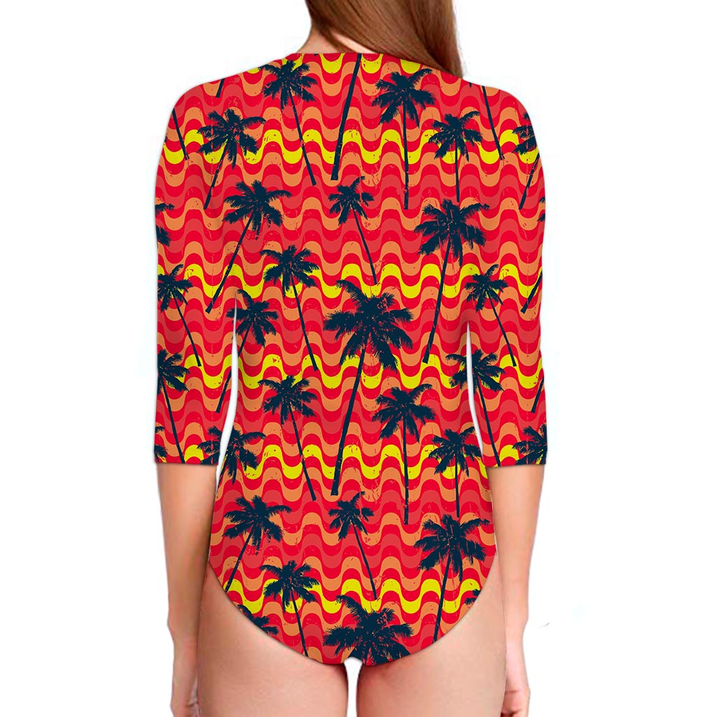 Trippy Palm Tree Pattern Print Long Sleeve Swimsuit