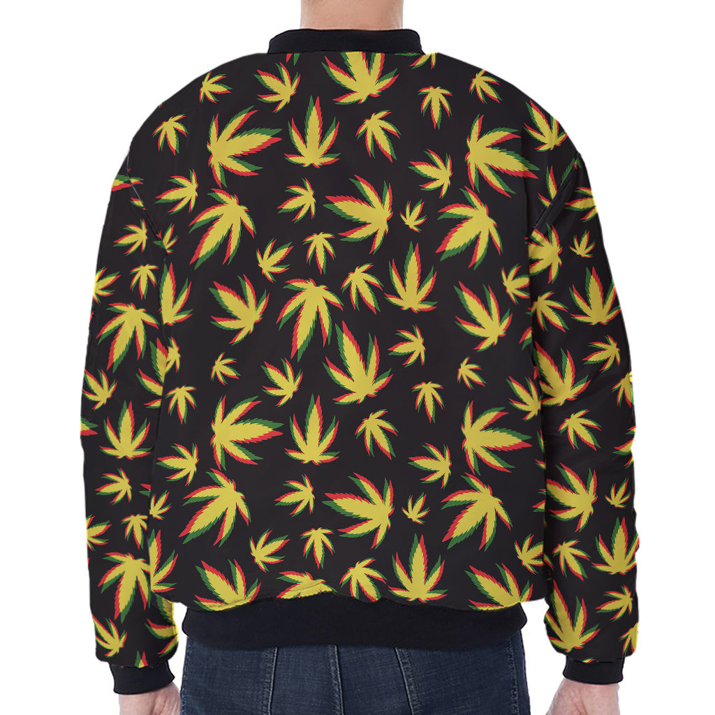 Trippy Weed Leaf Pattern Print Zip Sleeve Bomber Jacket
