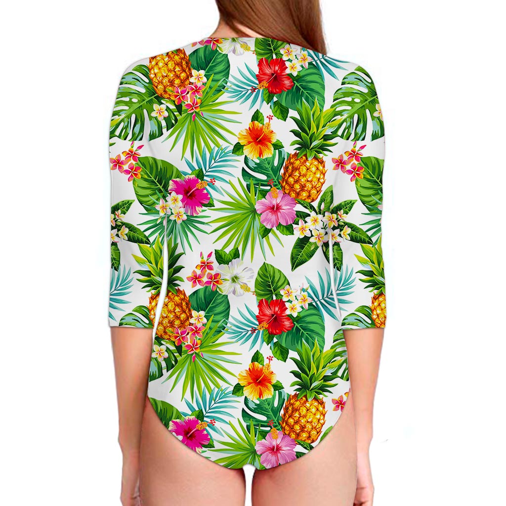 Tropical Aloha Pineapple Pattern Print Long Sleeve Swimsuit