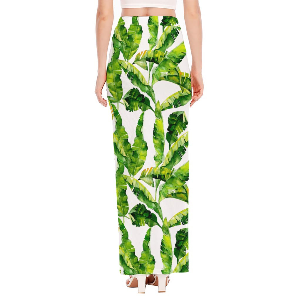 Tropical Banana Leaves Pattern Print High Slit Maxi Skirt