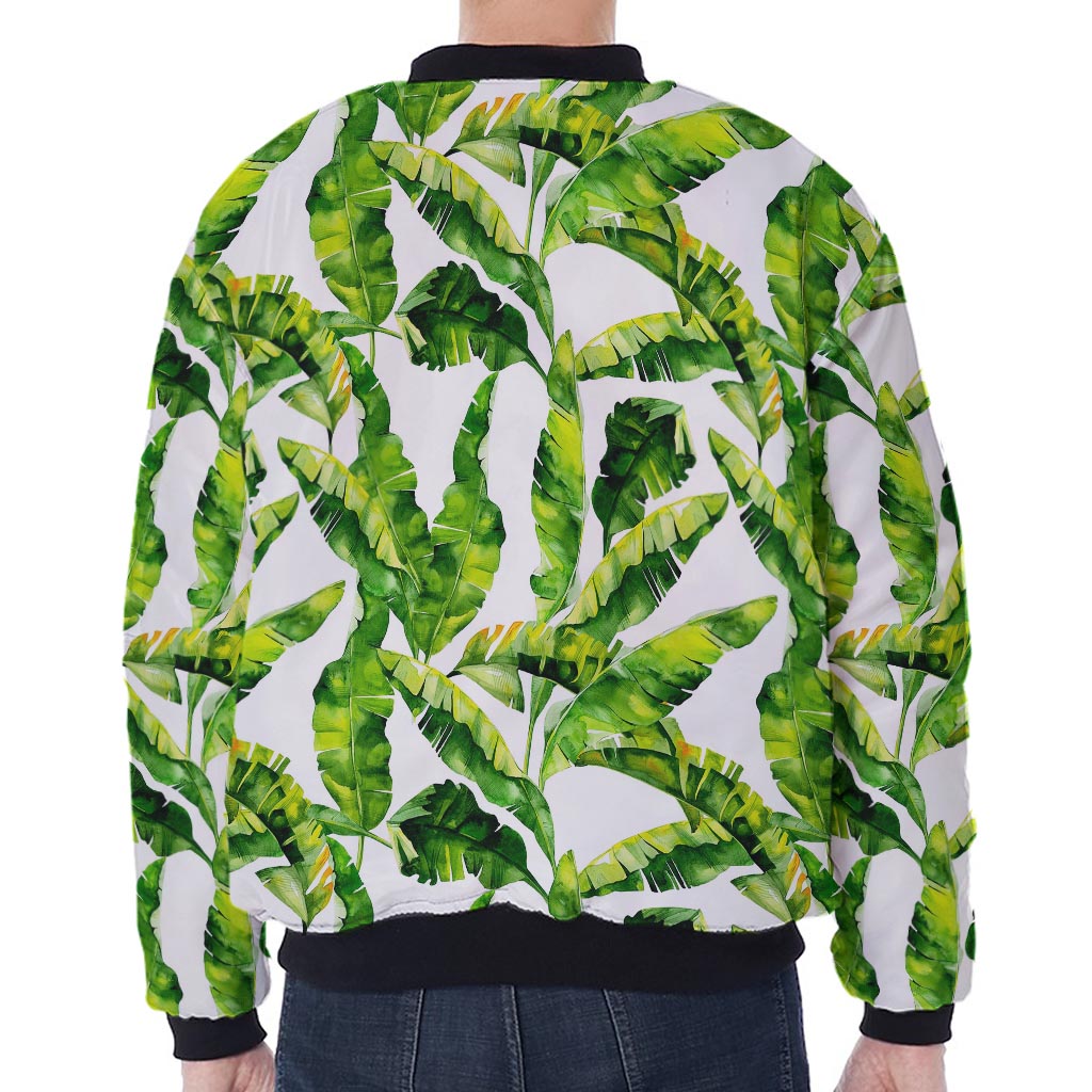 Tropical Banana Leaves Pattern Print Zip Sleeve Bomber Jacket