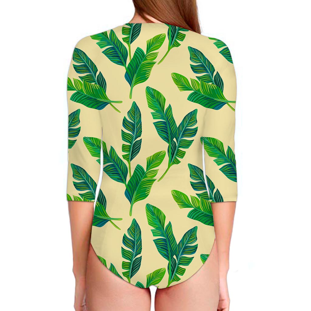 Tropical Banana Palm Leaf Pattern Print Long Sleeve Swimsuit