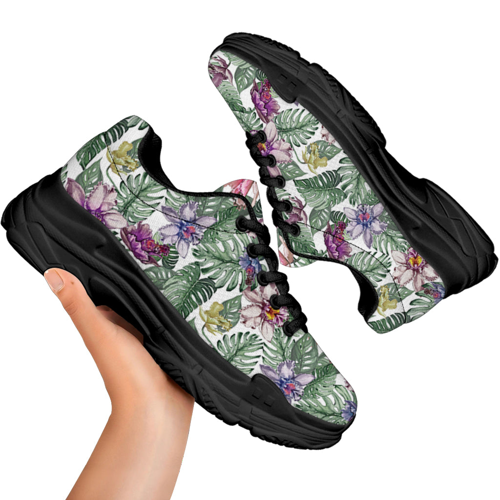 Tropical Cattleya Pattern Print Black Chunky Shoes