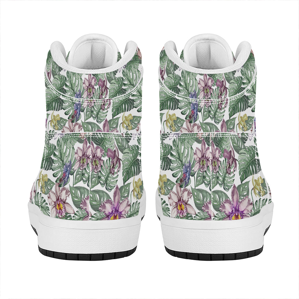 Tropical Cattleya Pattern Print High Top Leather Sneakers