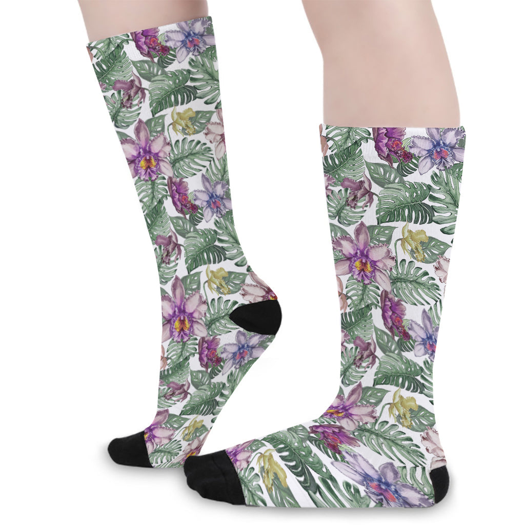Tropical Cattleya Pattern Print Long Socks