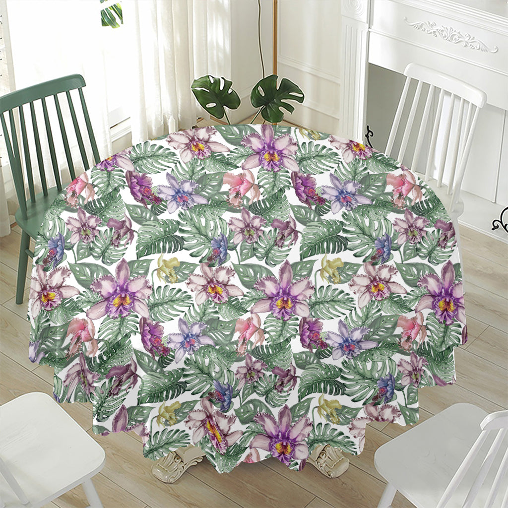 Tropical Cattleya Pattern Print Waterproof Round Tablecloth