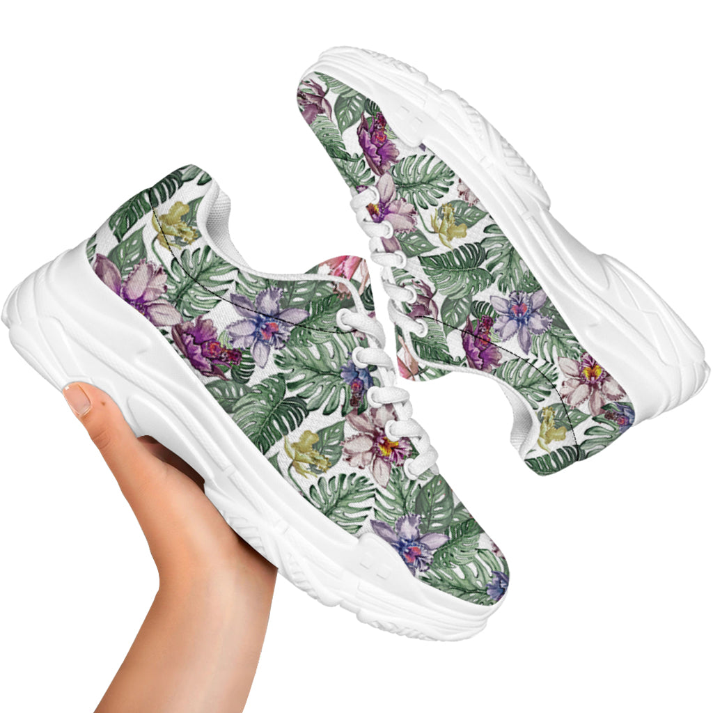 Tropical Cattleya Pattern Print White Chunky Shoes