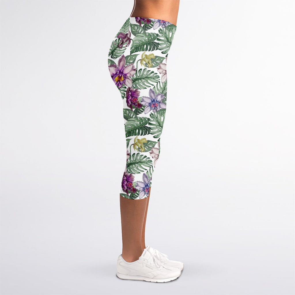 Tropical Cattleya Pattern Print Women's Capri Leggings