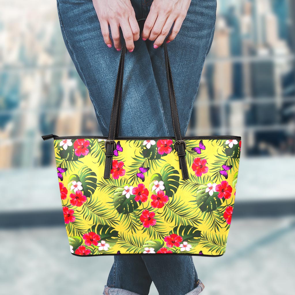 Tropical Exotic Hawaiian Pattern Print Leather Tote Bag