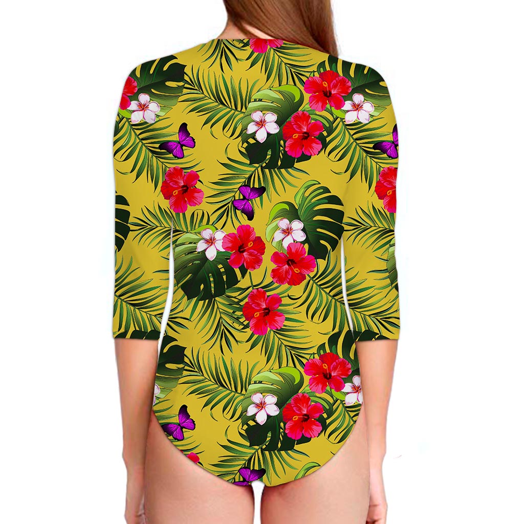 Tropical Exotic Hawaiian Pattern Print Long Sleeve Swimsuit