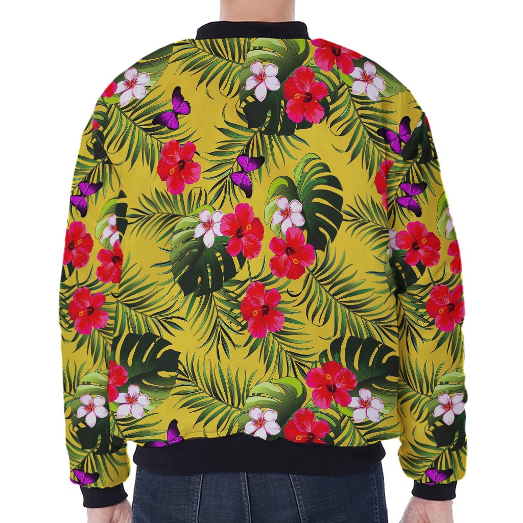 Tropical Exotic Hawaiian Pattern Print Zip Sleeve Bomber Jacket