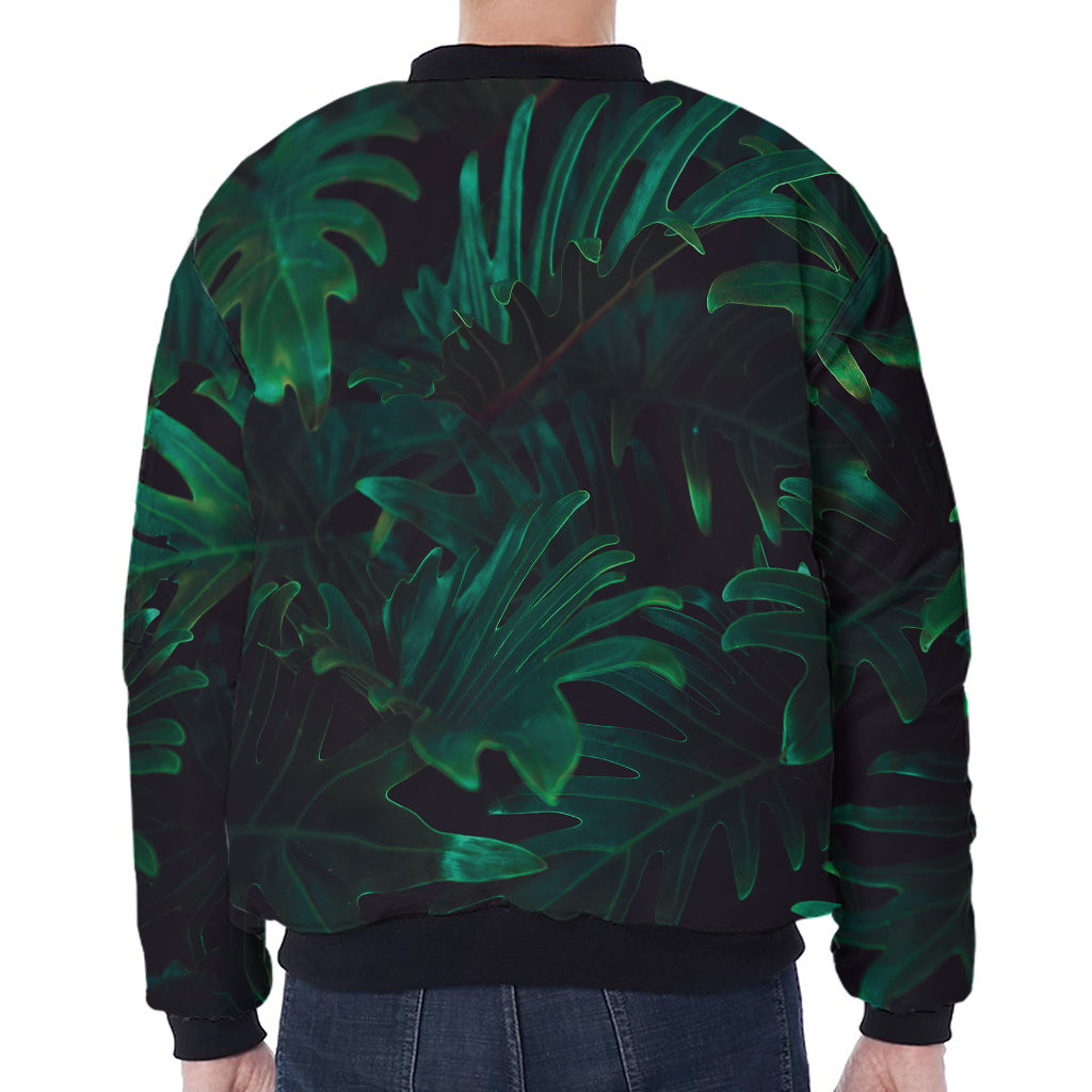 Tropical Fern Leaf Print Zip Sleeve Bomber Jacket